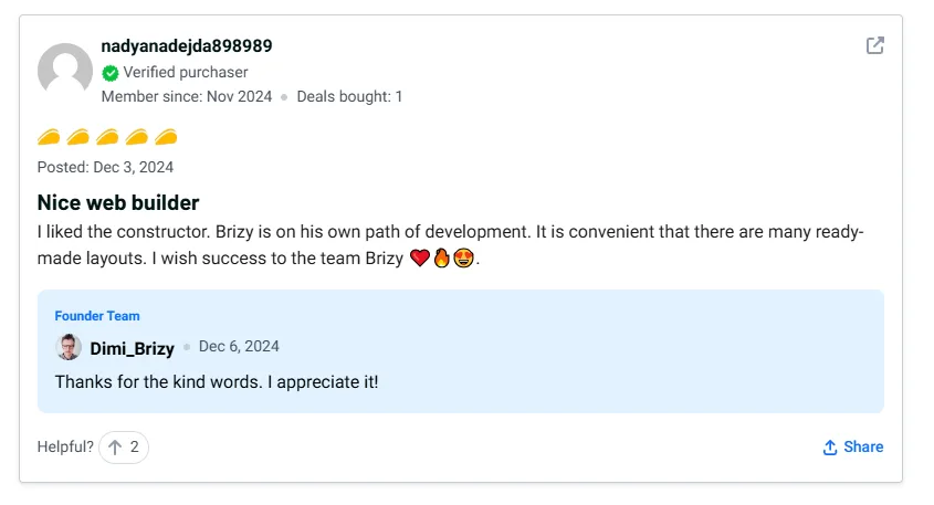 User feedback for Brizy is generally positive